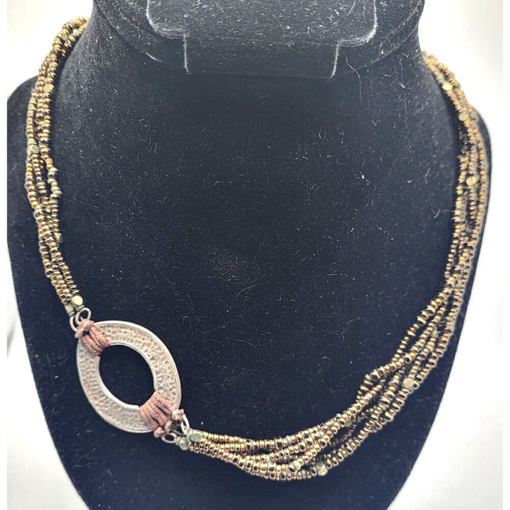 Silpada Vintage 90s Multistrand Bronze Beaded Asymmetrical with Oval Pendant 20"